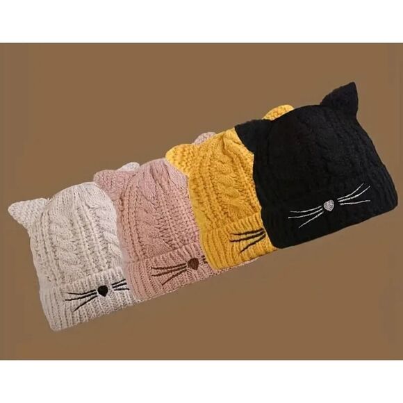 New! Pink Cat Ear and Whisker Face Beanie Stocking Cap Hat - Picture 3 of 3